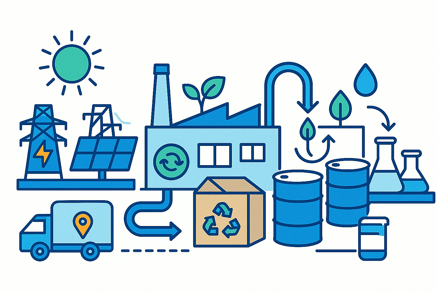 Ilustracja zrównoważonego rozwoju środowiskowego w operacjach chemii specjalistycznej z wykorzystaniem energii odnawialnej, obiegu wody, ponownego użycia opakowań i logistyki