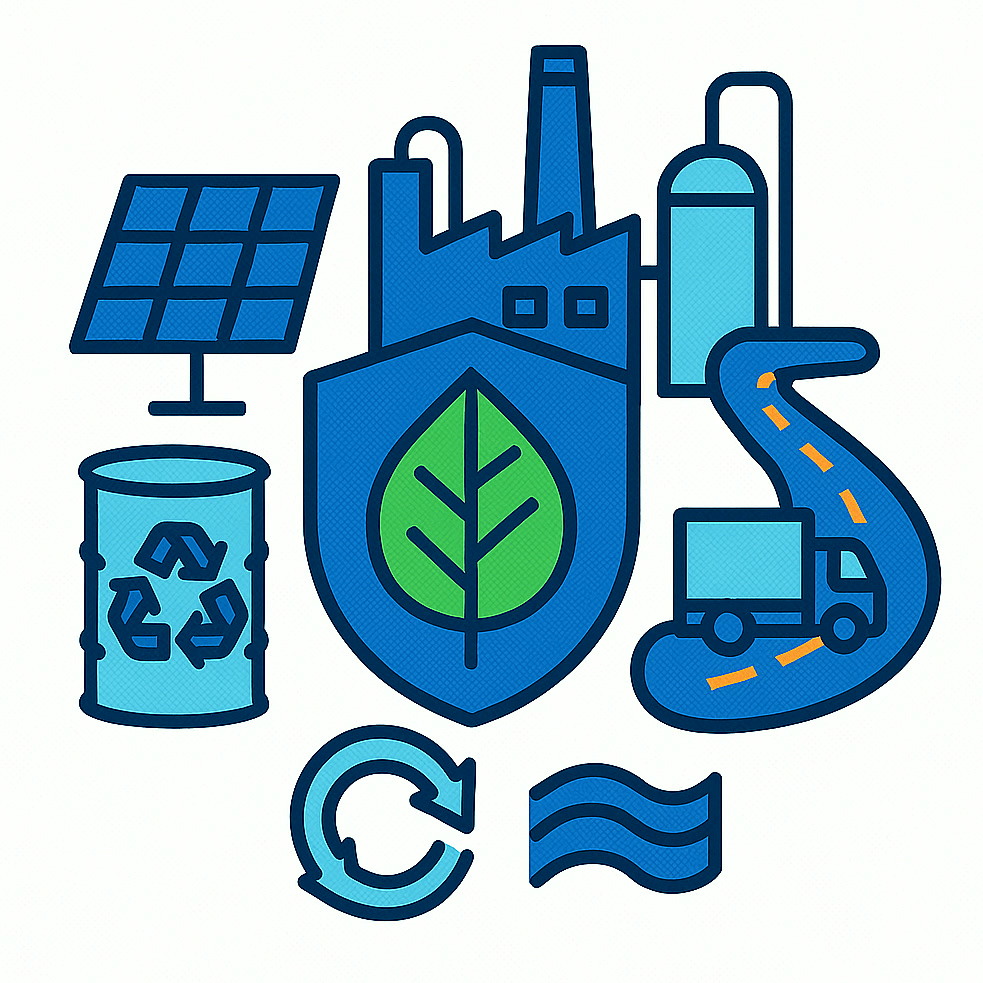 Ilustracja środowiskowej zrównoważoności z wykorzystaniem energii odnawialnej, wody, opakowań i logistyki
