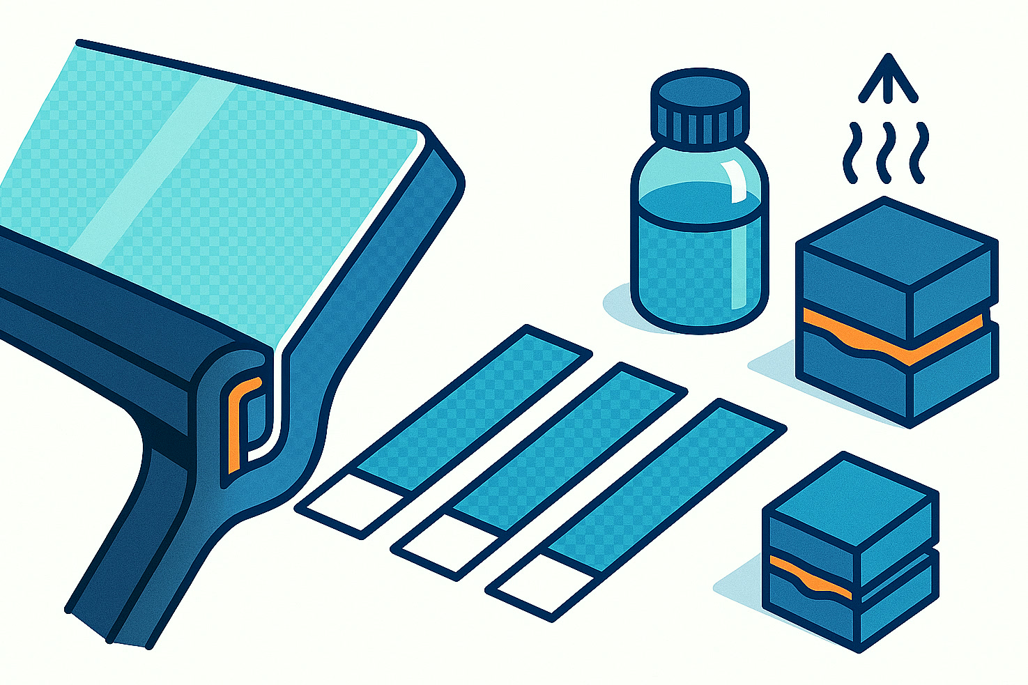 Illustration of automotive glass-to-rubber bonding with adhesive test pieces and a specialty crosslinker bottle