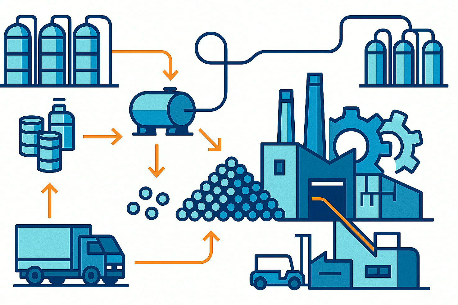 Ilustracja wielu zakładów produkcyjnych i tras logistycznych wspierających niezawodne zaopatrzenie w chemikalia specjalistyczne